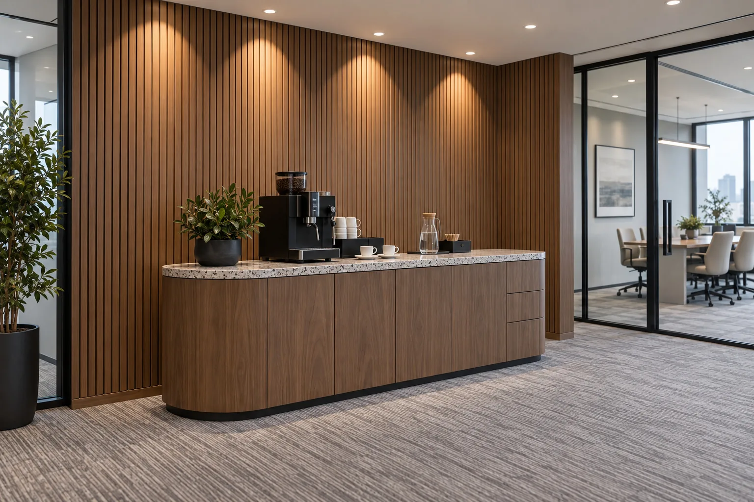 A coffee counter in walnut and terrazzo against fluted walnut panels, a glass meeting room beyond