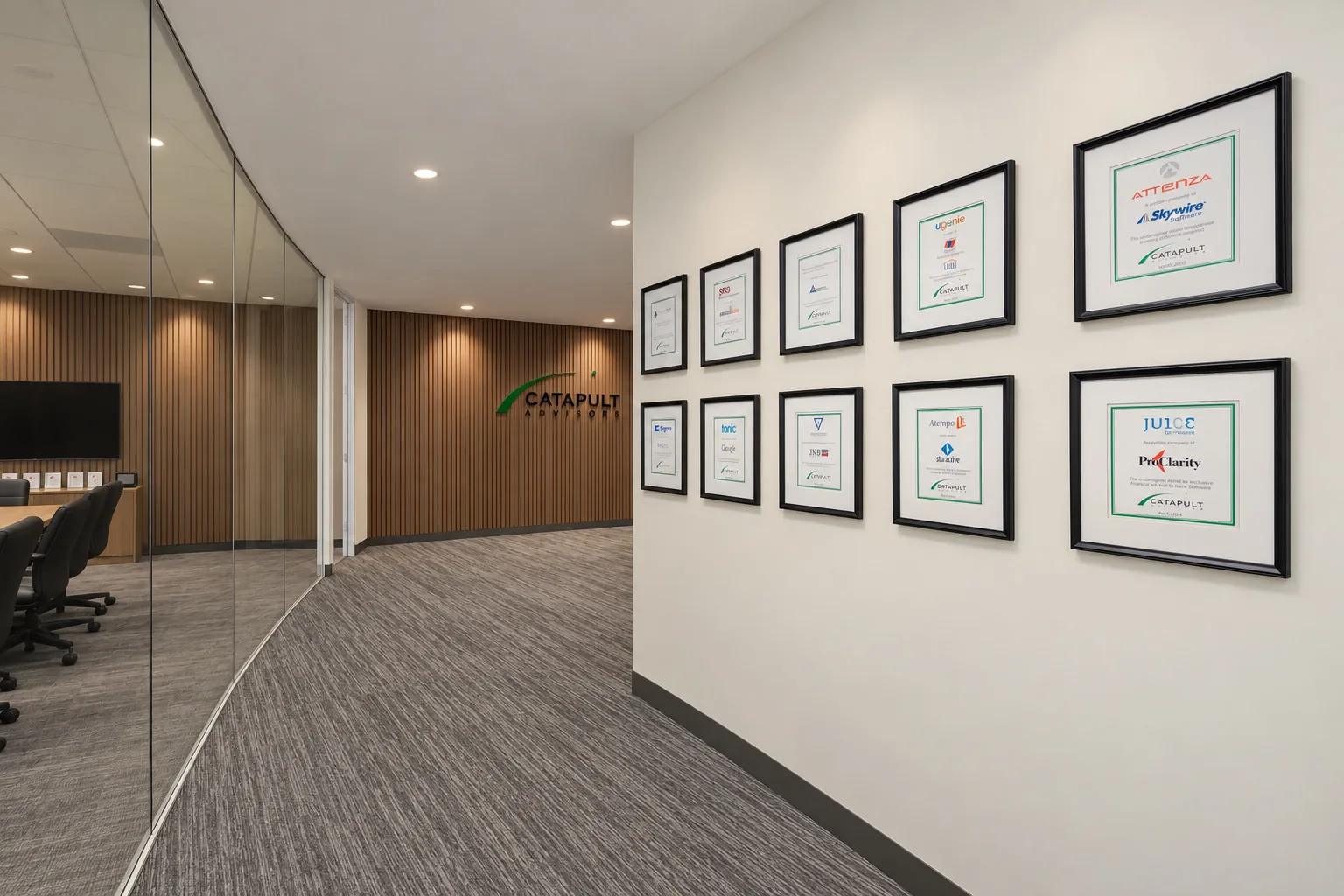 A hallway of framed transaction tombstones beside a glass conference room, leading to the Catapult Advisors logo on a walnut wall