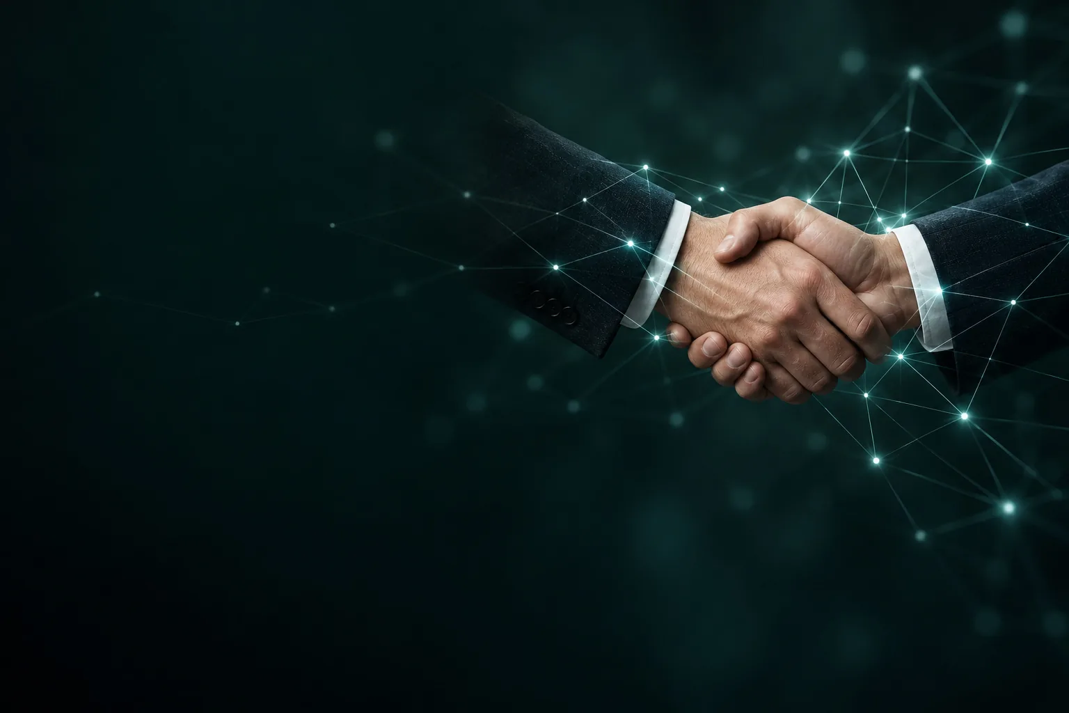 Two people shaking hands against a dark green ground, a fine network of points and lines drawn around the handshake
