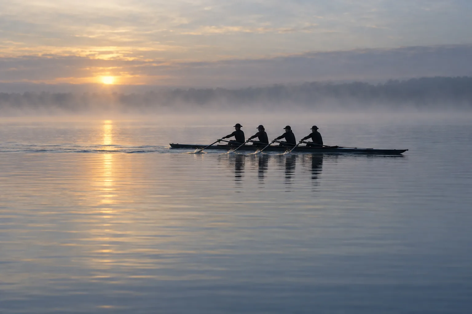 A crew of four rowers in silhouette, gliding across still water at sunrise